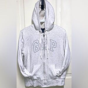 Gap Sherpa Lined Zip Hoodie Gray Logo Sweatshirt Mens Medium Warm Winter Jacket